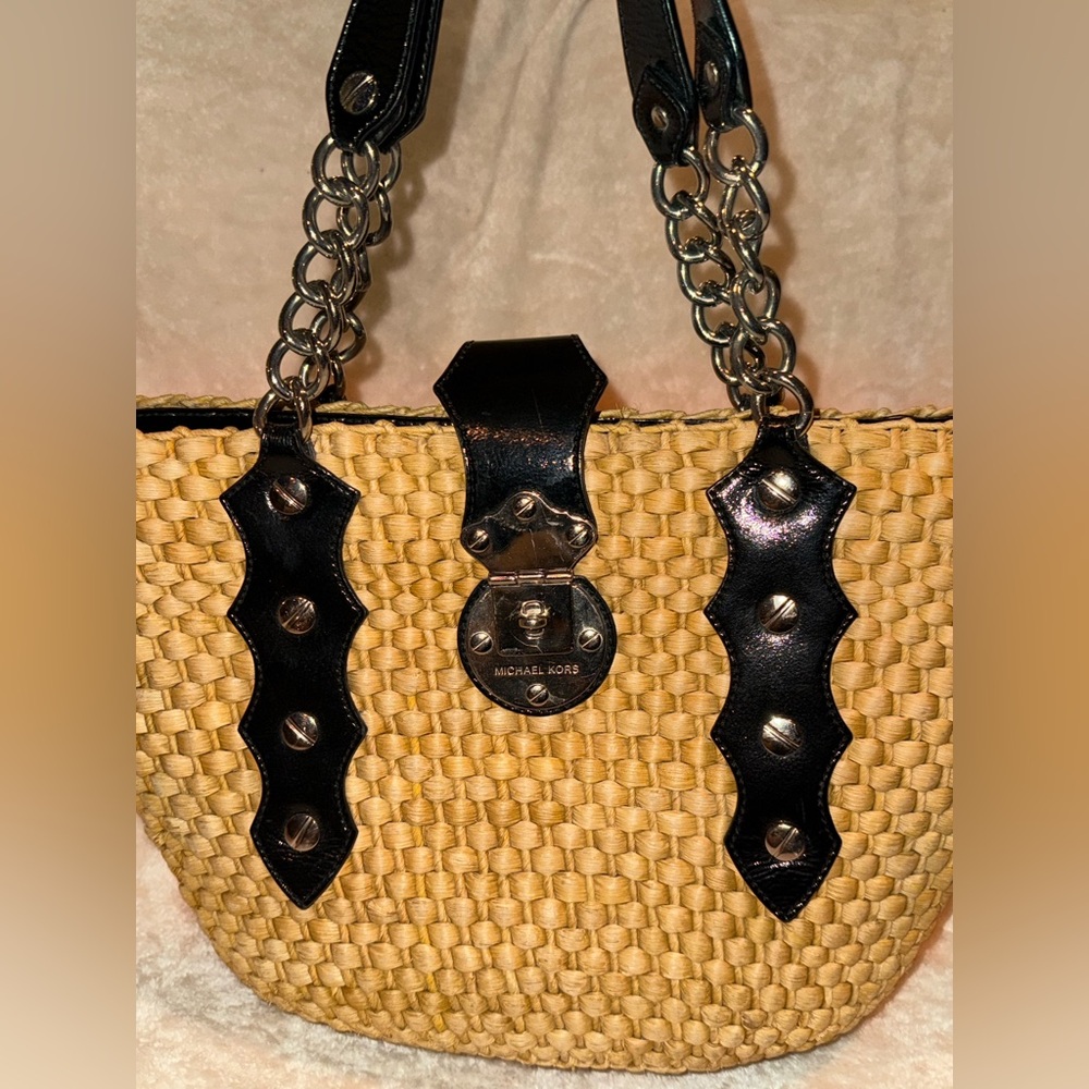 ‼️SOLD‼️Vintage Michael Kors Santorini Raffia Straw Woven Tote Shoulder Bag - Picture 13 of 14